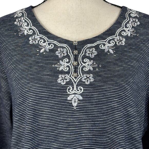 Alfred Dunner X-Large Top Striped Floral Embroidered 3/4 Sleeve Stretch Slits - Picture 2 of 9